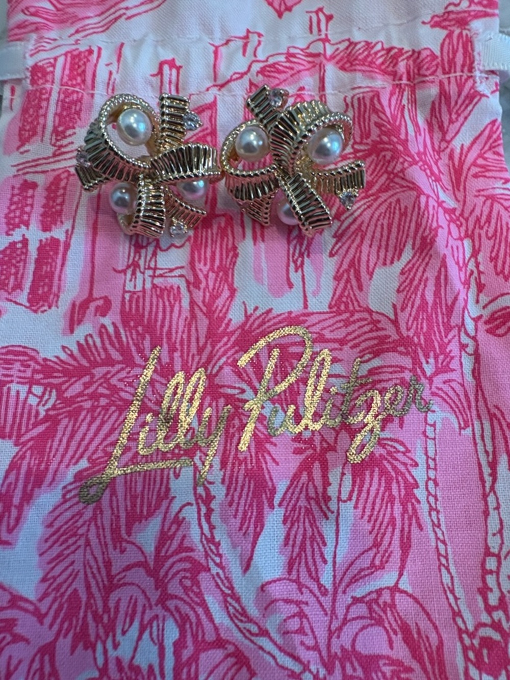 Lilly Pulitzer Pink Palm Gold Floral Clip Earrings with Pearls- New